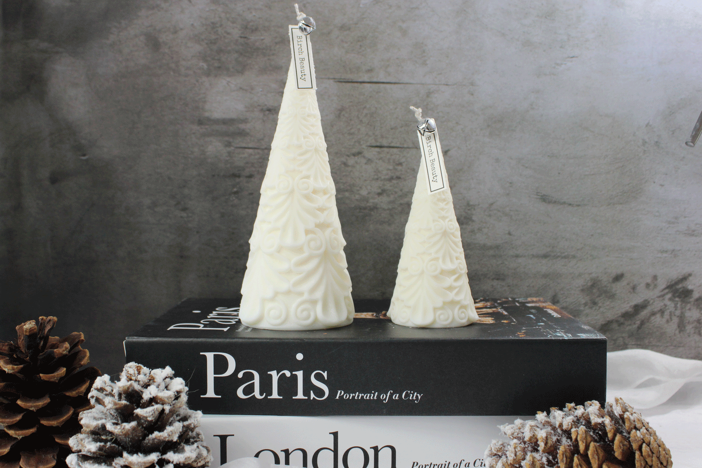 Filigree Pillar candle Pine tree scent handcrafted in Rhode Island