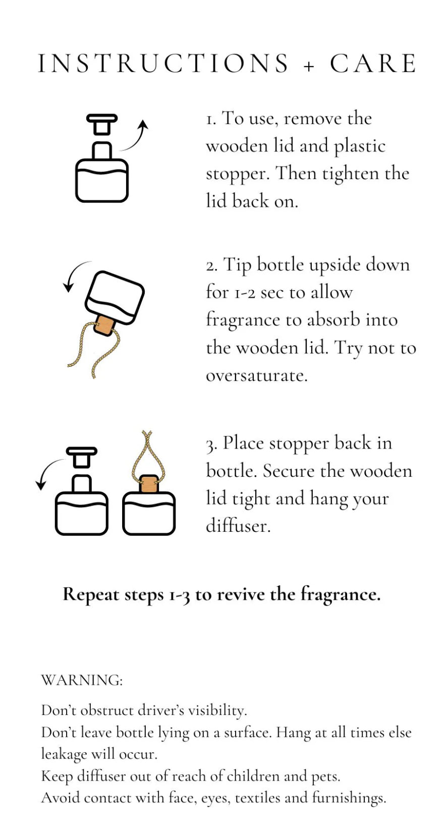 Instructions and care guide for a wooden diffuser with icons and text on a white background.
