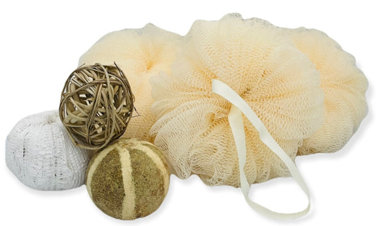 Pumpkin mesh pouf sponge for bath and body Birch Beauty Rhode Island.
