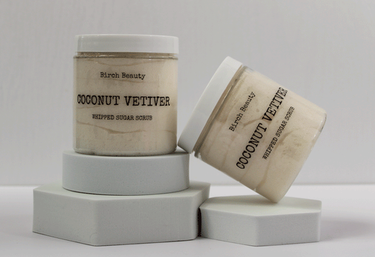 Coconut Vetiver  Whipped Sugar Scrub vegan, limited ingredients handmade by Birch Beauty in Rhode Island  