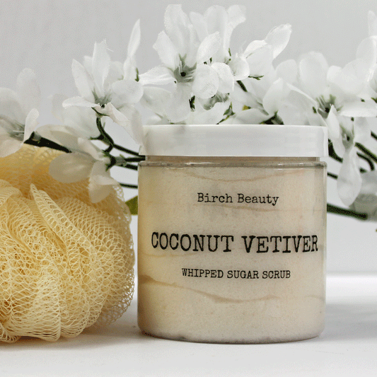 Coconut Vetiver Whipped Sugar Scrub vegan, limited ingredients handmade by Birch Beauty in Rhode Island