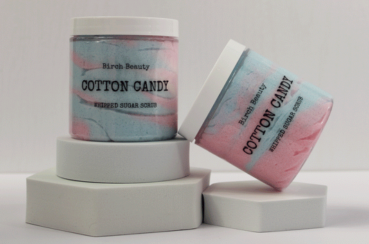 Cotton Candy Whipped Sugar Scrub vegan, limited ingredients handmade by Birch Beauty in Rhode Island  