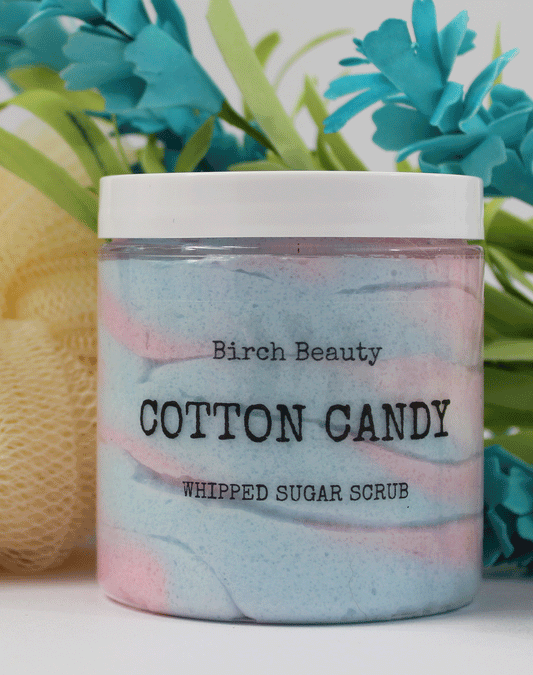 Cotton Candy Whipped Sugar Scrub vegan, limited ingredients handmade by Birch Beauty in Rhode Island