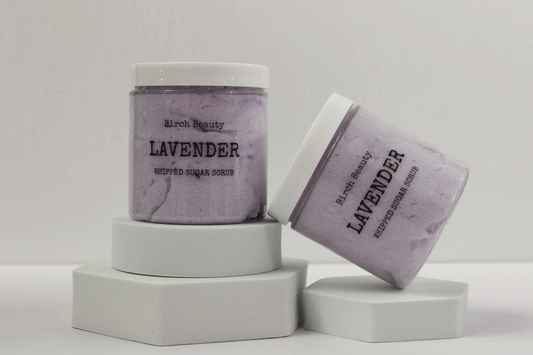 Lavender Whipped Sugar Scrub vegan, limited ingredients handmade by Birch Beauty in Rhode Island  