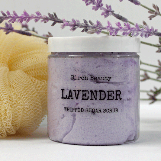 Lavender Whipped Sugar Scrub vegan, limited ingredients handmade by Birch Beauty in Rhode Island