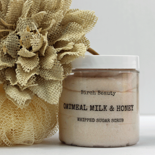 Oatmeal Milk & Honey Whipped Sugar Scrub vegan, limited ingredients handmade by Birch Beauty in Rhode Island